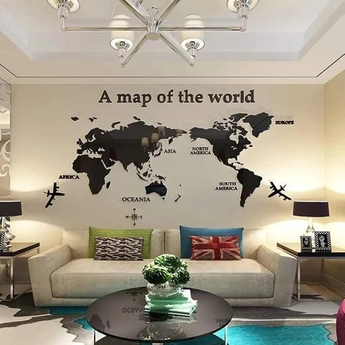 3D World Map Acrylic Wall Mirror – Elegant Modern Wall Décor for Home & Office
