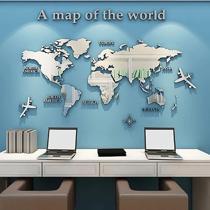 3D World Map Acrylic Wall Mirror – Elegant Modern Wall Décor for Home & Office