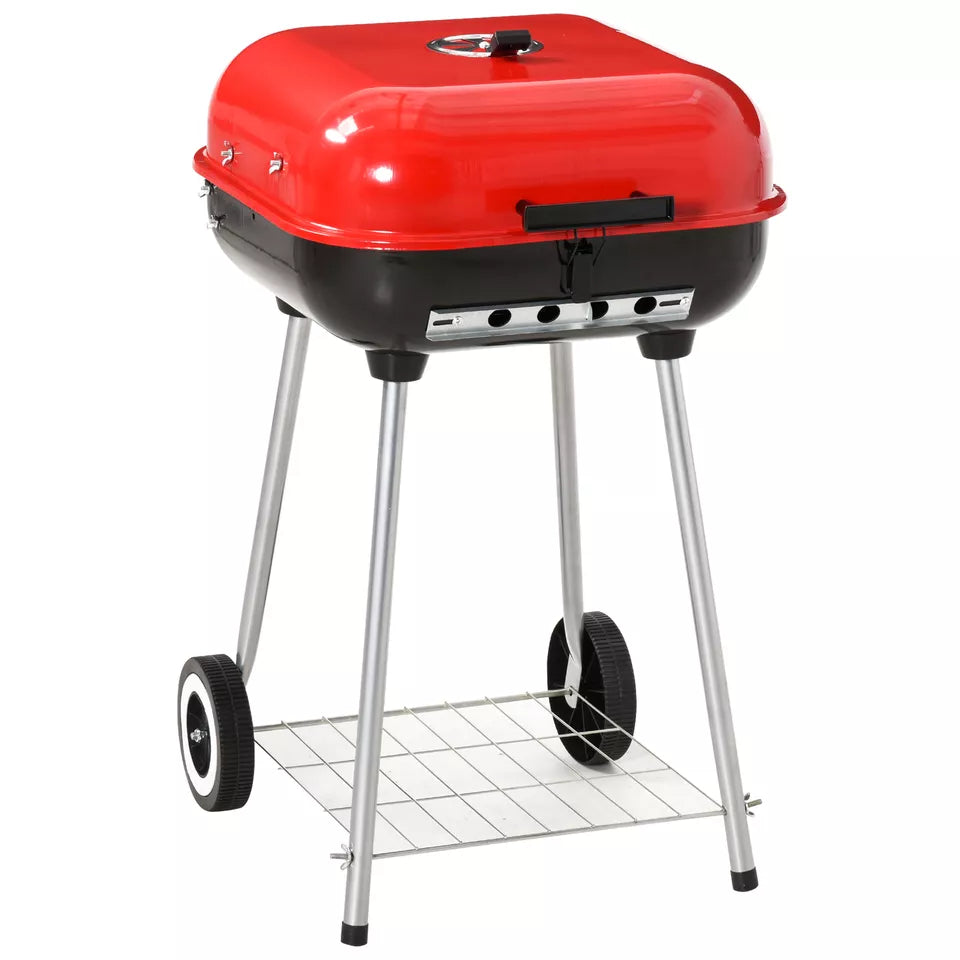 Charcoal Grill With Wheels And Adjustable Vents On Lid
